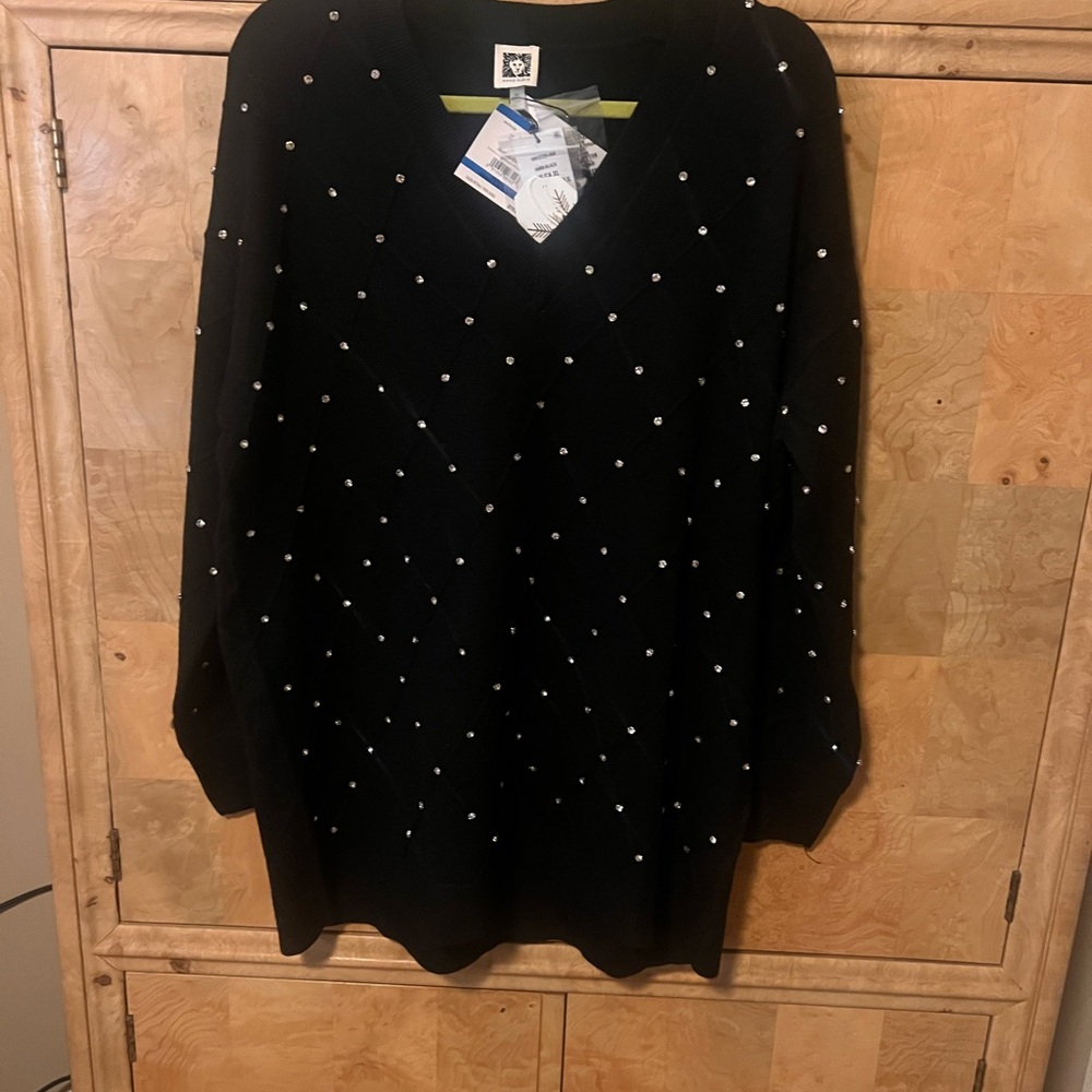 Anne Klein Black V-Neck Sweater with Rhinestone Details